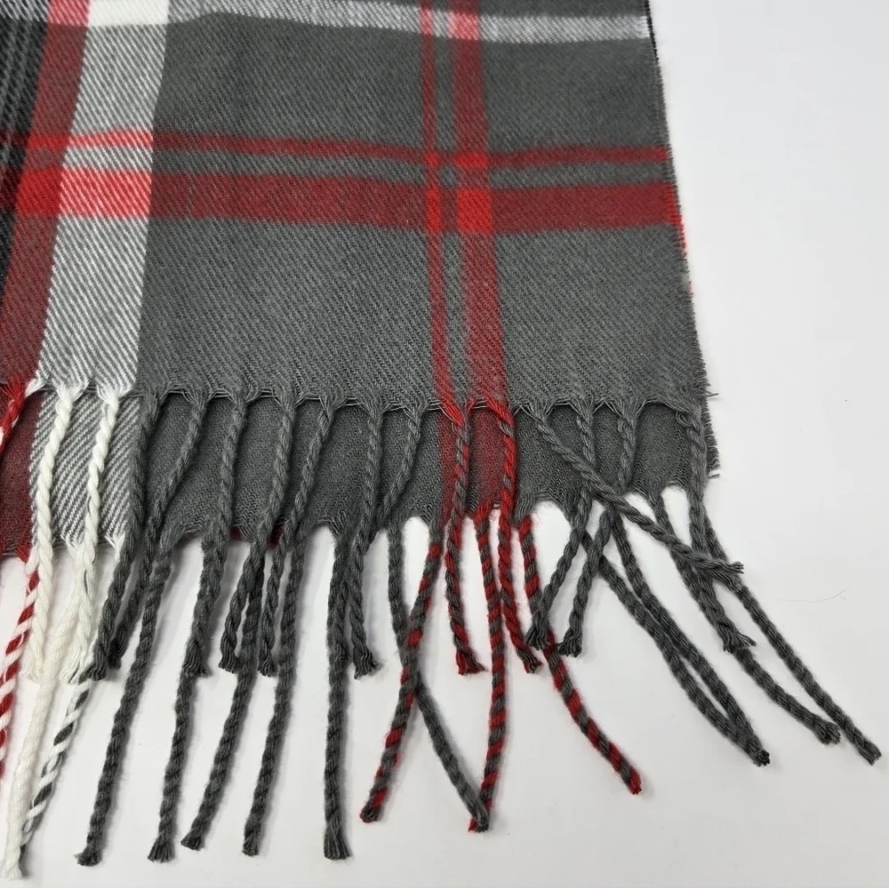 100% CASHMERE GREY RED BLACK PLAID LONG SCARF FRINGE ENDS UNISEX OS GERMANY LUX